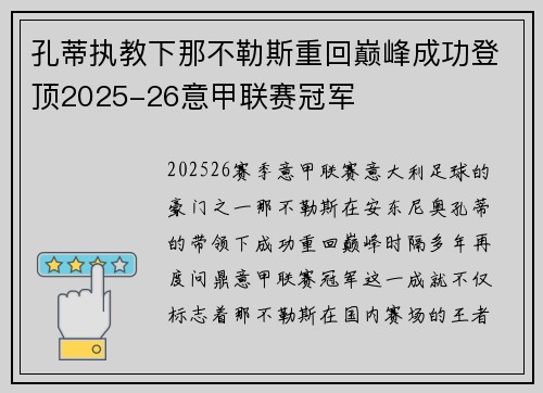 孔蒂执教下那不勒斯重回巅峰成功登顶2025-26意甲联赛冠军